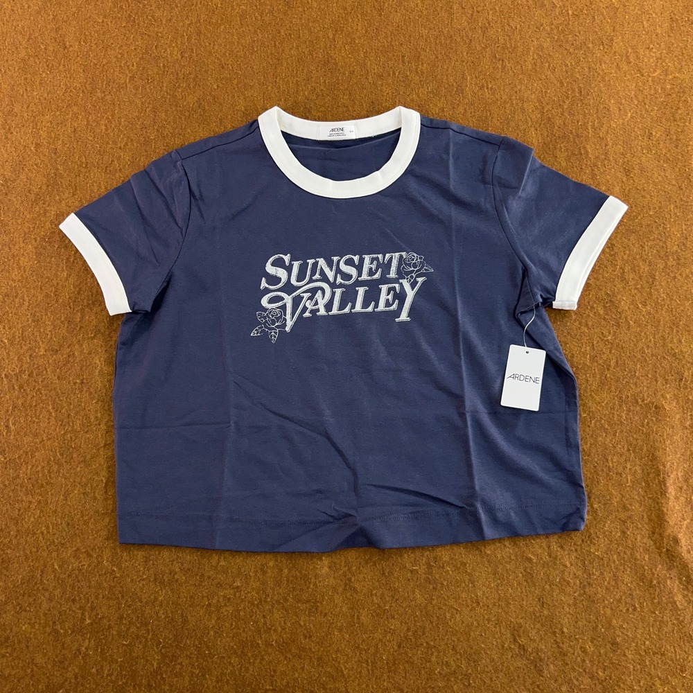 Ardene Womens Small Blue Sunset Valley Graphic Ringer Crop T-Shirt NWT